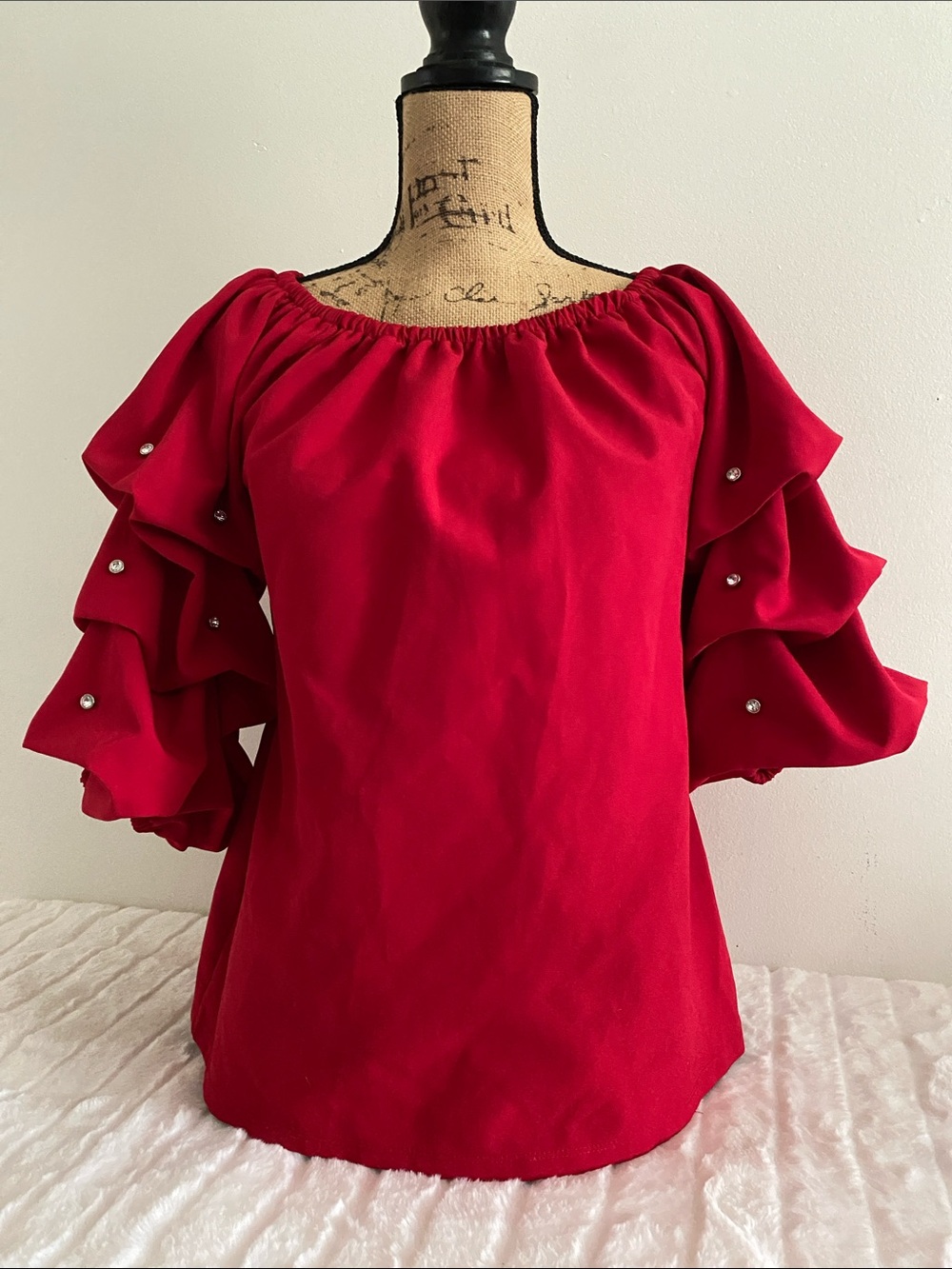 Prelude Ruffled Sleeve Top in Red with Rhinestone Accents